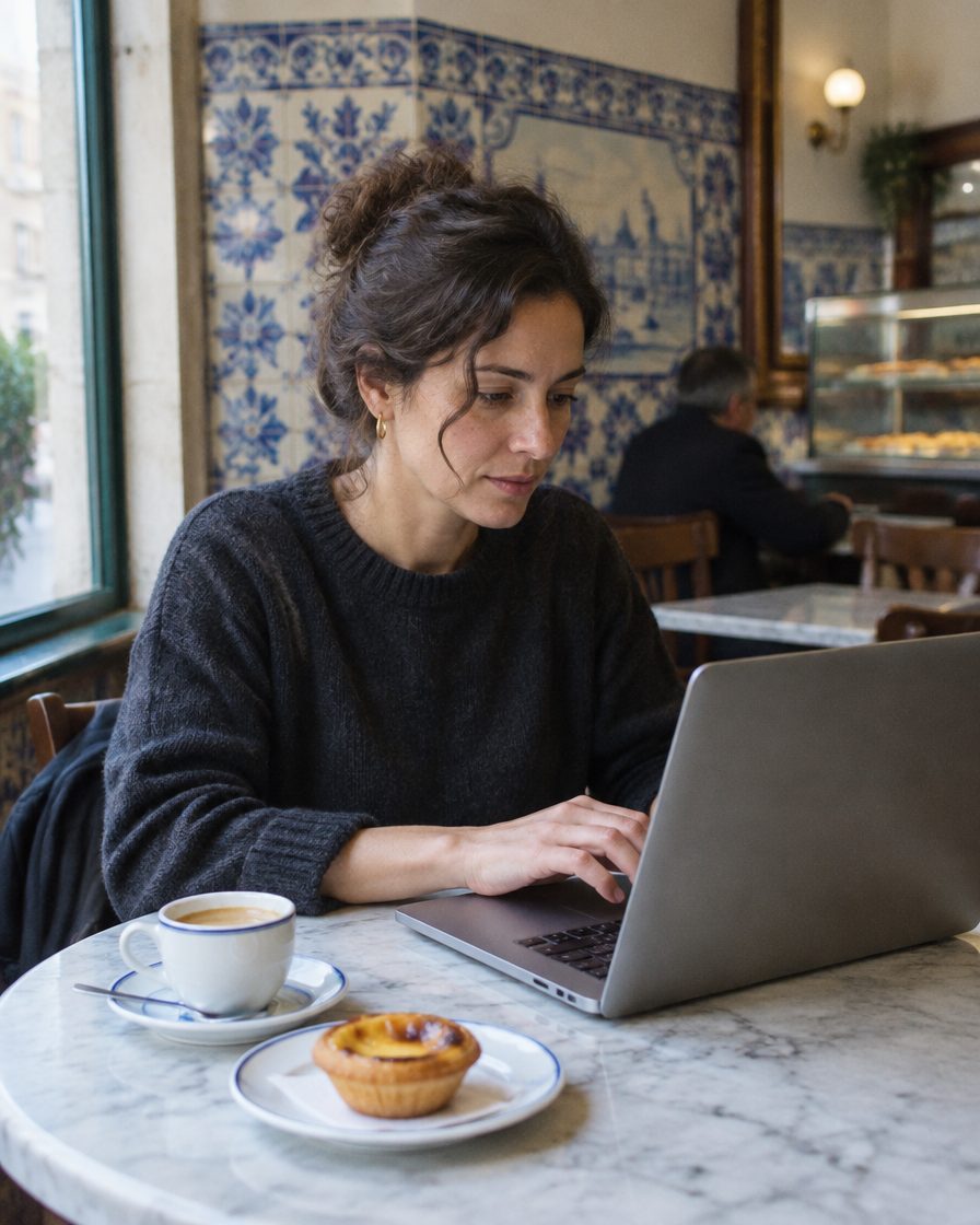 A woman working on a laptop in a Lisbon café