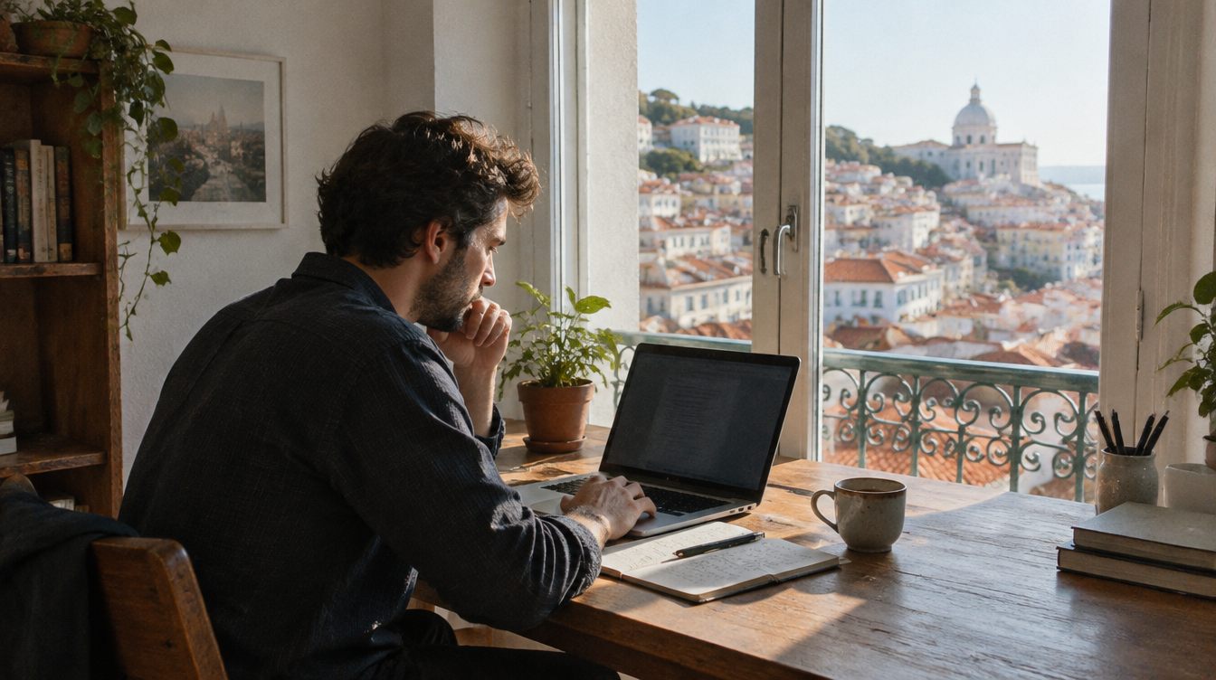 A freelancer working at a desk in a Lisbon apartment