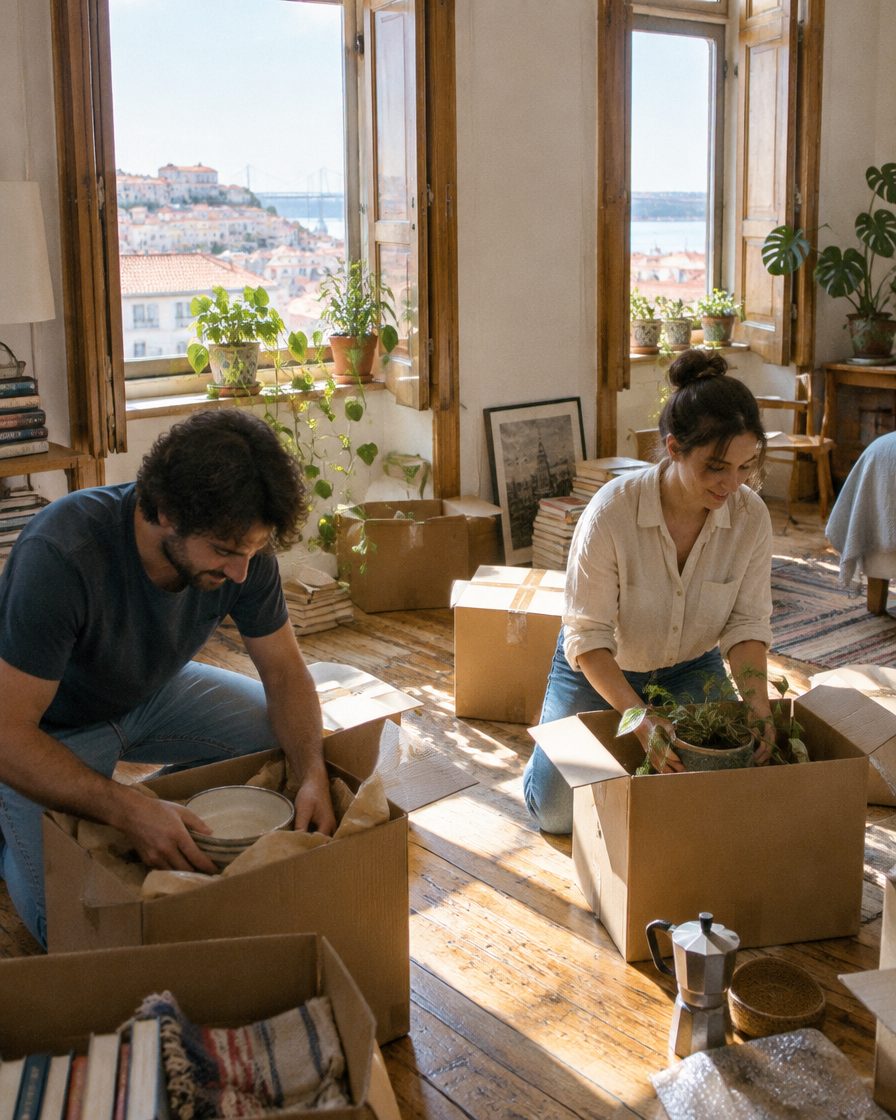 A couple unpacking boxes in a Lisbon apartment