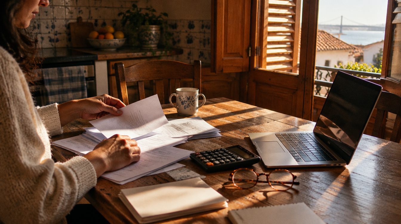 Papers, a calculator and a laptop on a kitchen table