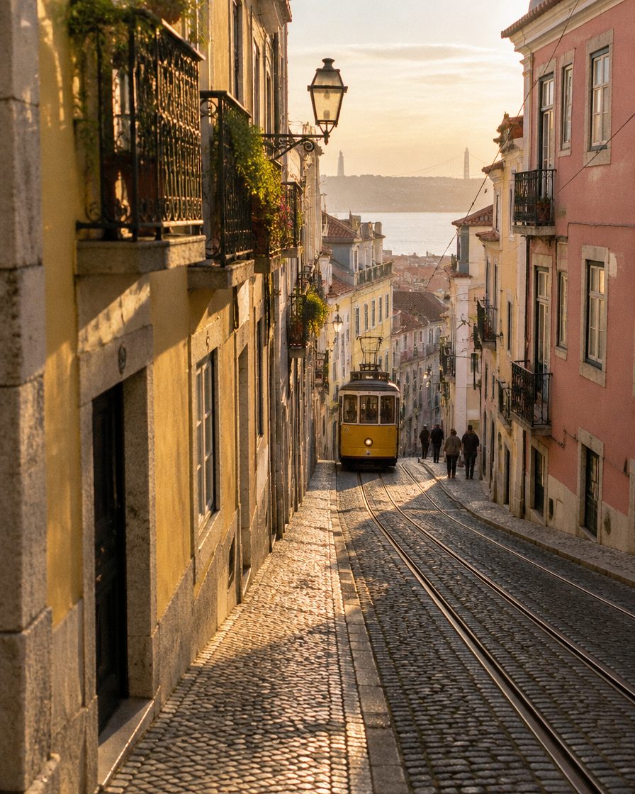 A tram climbing a cobbled street in Lisbon